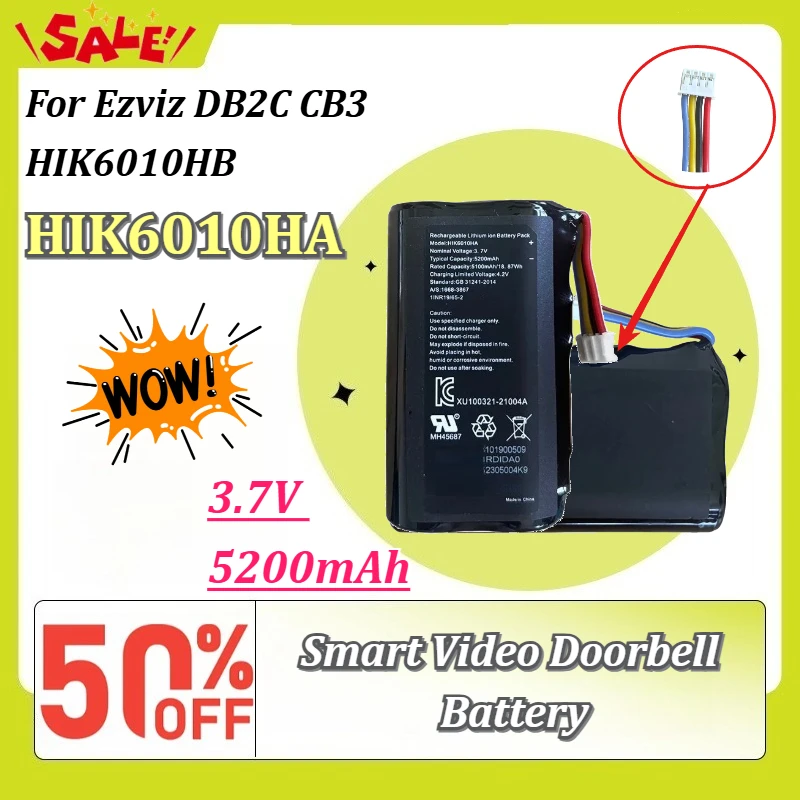 New HIK6010HA 3.7V 5200mAh Rechargeable Li-ion Smart Video Doorbell Battery for Ezviz DB2C CB3 HIK6010HB Replacement Battery