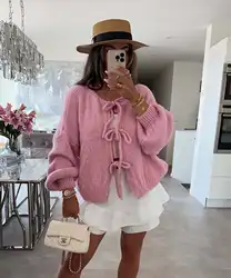 Autumn And Winter New Women's Cardigan Coat Solid Color Crew Neck Tie Knit Loose Sweater Fashion Simple All-match Commuter Style
