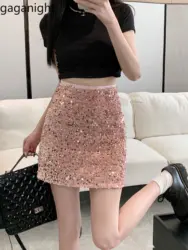 Gaganight Women Pink Sequins Skirt Women's New 2023, Summer Sexy Casual High waisted Slim A line High Waist Buttock Short Skirt