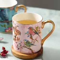 Bone China Coffee Mugs European Bird Pattern Light Luxury Phnom Penh Afternoon Tea Cups Pink Blue Couple Mug Ceramic Gift Cup