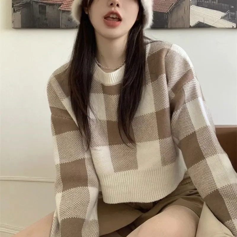 Korean Sweet Plaid Knitted Jumpers 2024 Autumn Long Sleeve Basic Female Clothing Fashion Casual O-Neck Commute Loose Sweaters