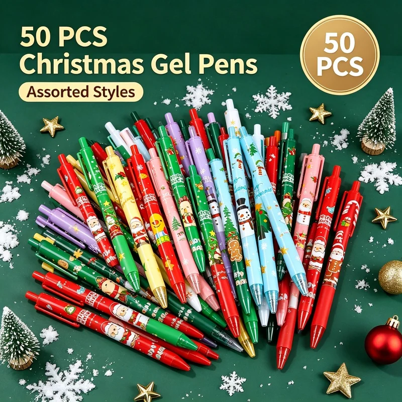 50PCS/Lot Christmas Gel Pens Cute Kawaii Santa Snowman Reindeer Xmas Tree Black Writing Pens School Stationery Gifts for Kids
