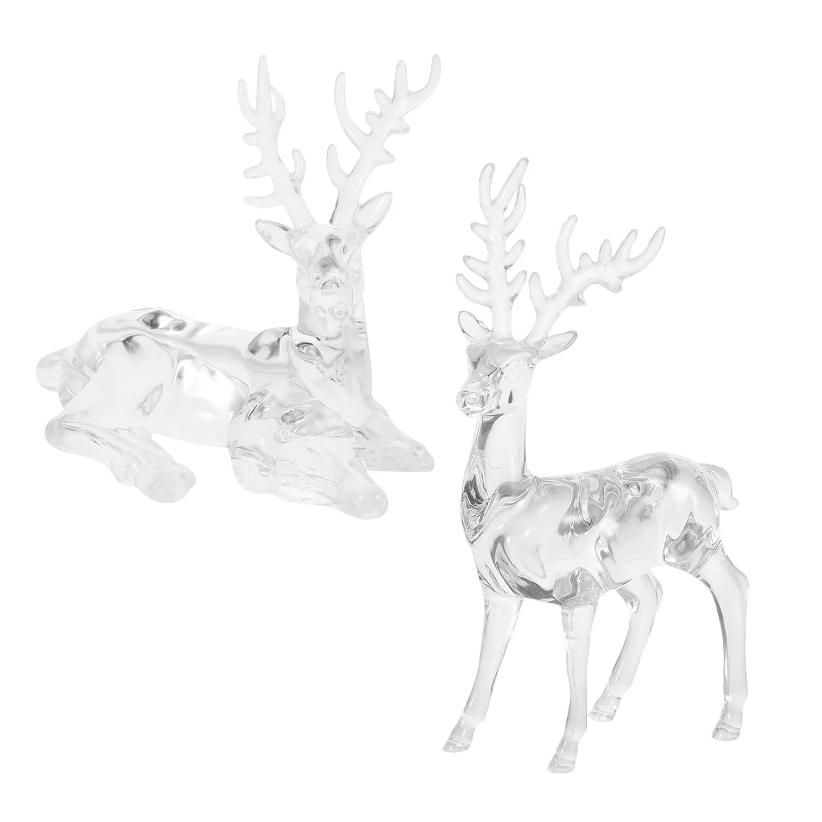 2pcs Clear Acrylic Reindeer Figurine Ornaments Standing Sitting Deer Statue Christmas Showcase Display Reindeer Miniatures