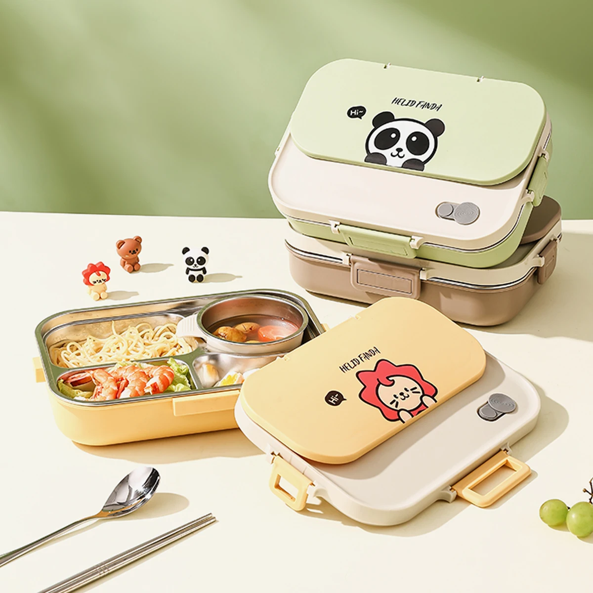 WORTHBUY 4/5 Grids Portable Lunch Box With Soup Bowl 304 Stainless Steel Bento Box Microwave Leak Proof Cute Food Box 1500ML