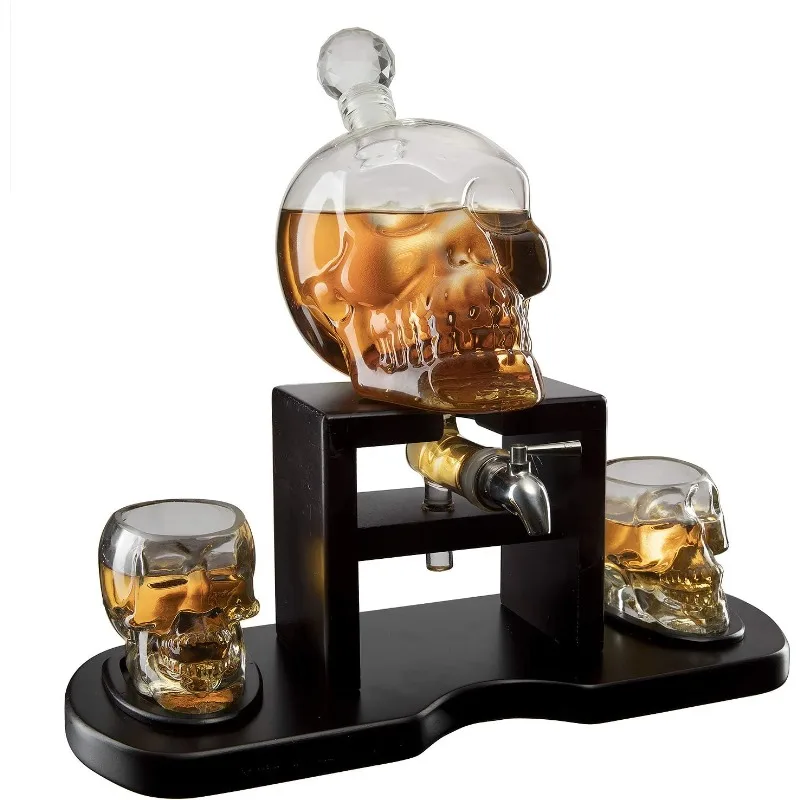 Skull Skeleton Wine & Whiskey Decanter Set 750 mL With 2 Skull 3oz Skeletons Shot Glasses + Mahogany Wooden Base