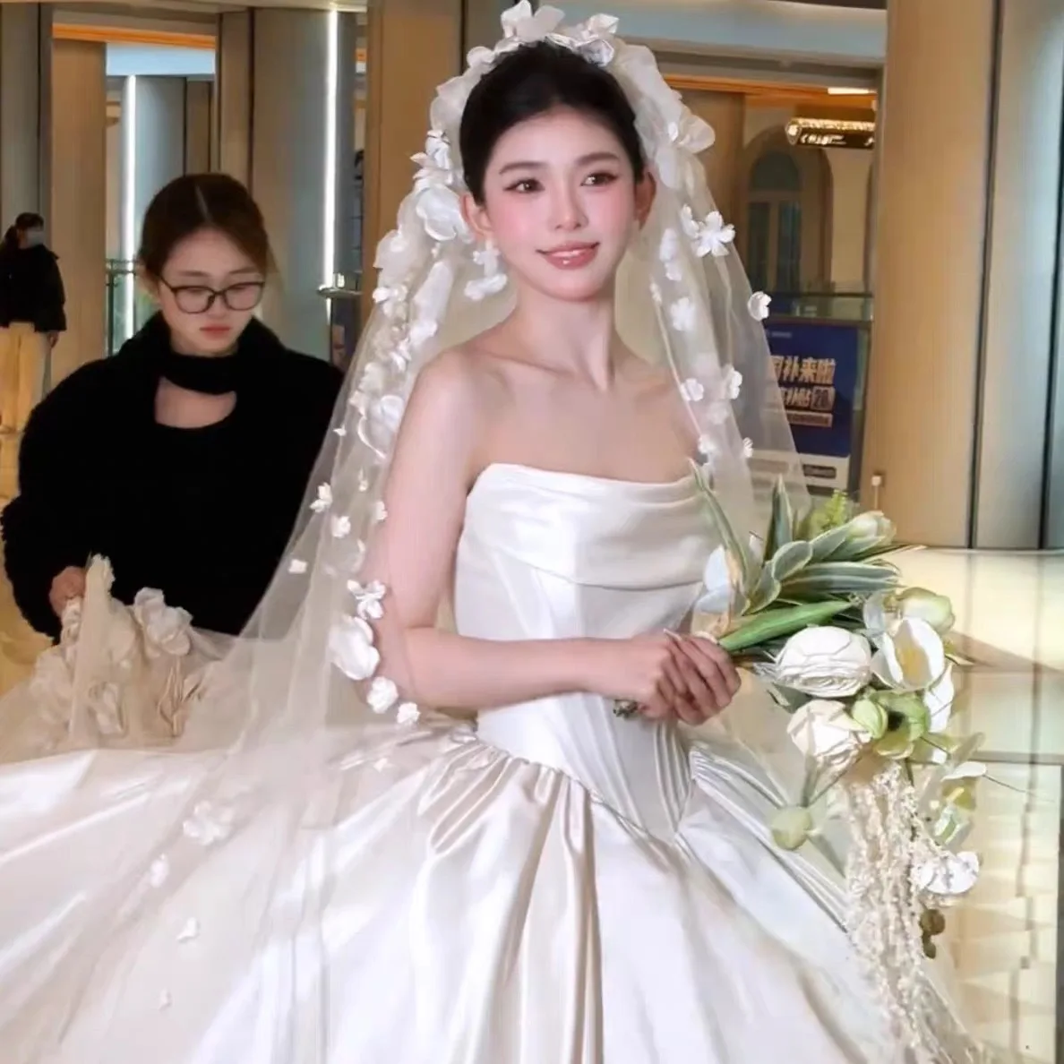 veil bridal main wedding dress three-dimensional flower long trailing double head jewelry super fairy Mori wedding retro