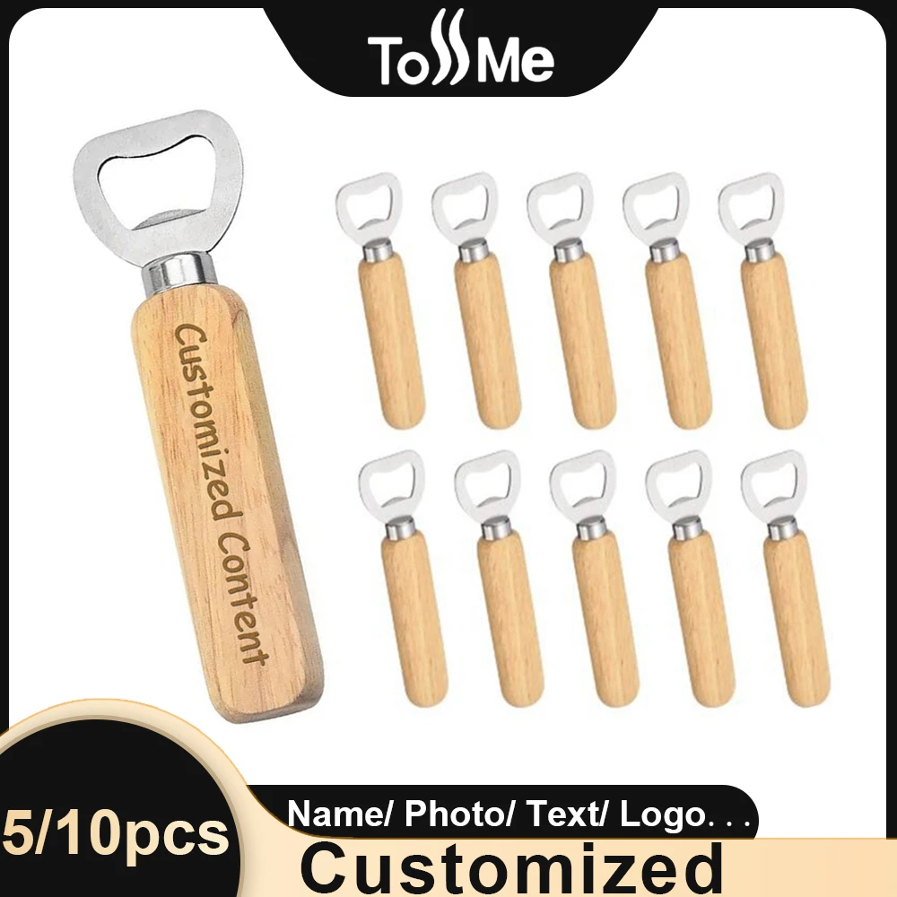 

ToSSMe 5/10Pcs Free Customized Wooden Bottle Opener Wholesale Stainless Steel Bottle Opener for Bar Wedding Party Accessories