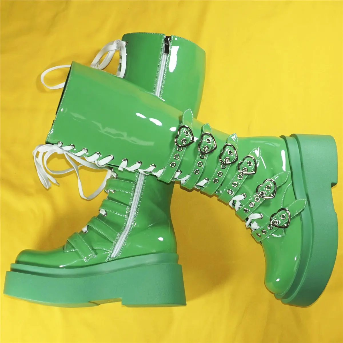 

2023 Platform Pumps Shoes Women Green Patent Leather Wedges High Heel Snow Boots Female Round Toe Fashion Sneakers Casual Shoes