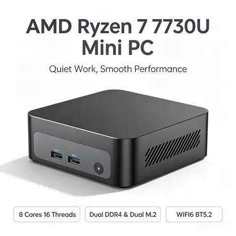 Mini PC AMD Ryzen 7 7730U 5825U Dual DDR4 Max 32GB Dual M.2 SSD WiFi6 BT5.2 Dual HDMI 4K Office Gaming Desktop Barebone Computer