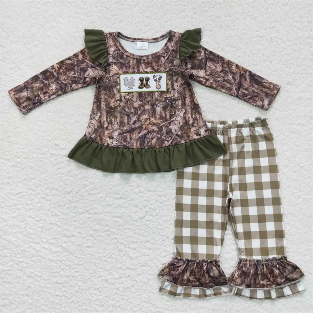 Wholesale Toddler Kid Camo Outfit Baby Boy Girl Long Sleeves turkey Deer Embroidery Pullover T-shirts Children Pants Hunting Set