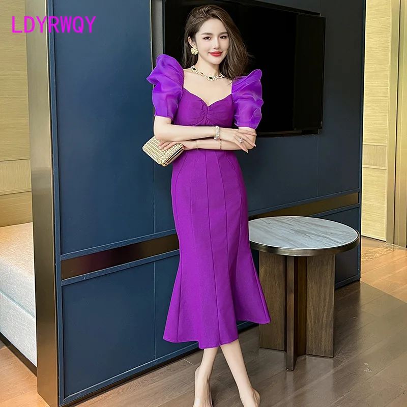 French Vintage Purple V-Neck Over Knee Dress New Bubble Sleeve Slim Fit Fishtail Long Dress