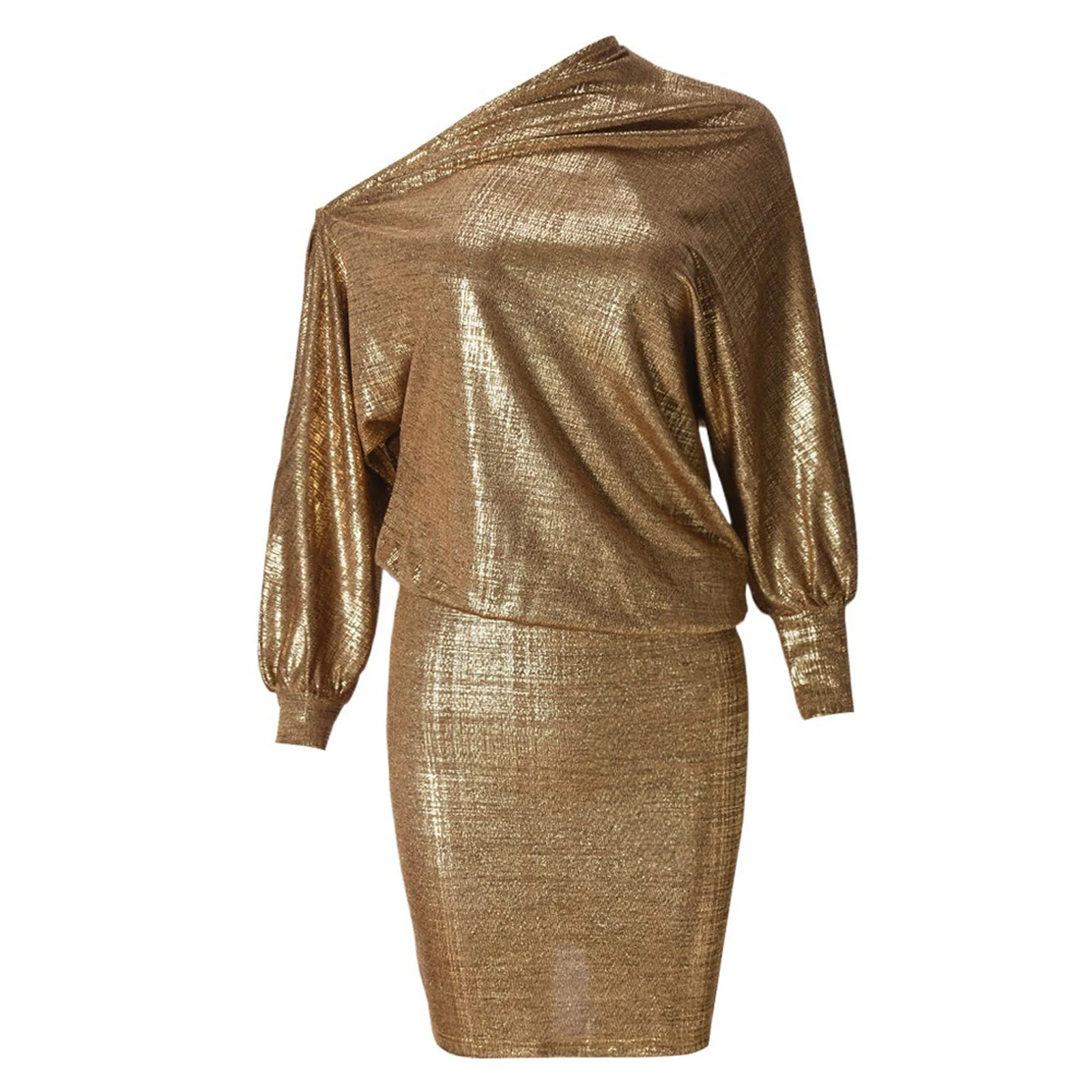 

Womens Metallic Shiny Mini Dress Off the Shoulder Long Sleeve Natural Drape Pullover Bodycon Dress for Banquet Wedding Party