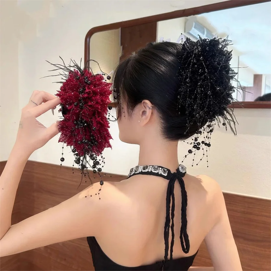 Pince à cheveux en perles brillantes pour femmes, pince à plumes de requin, accessoire de cheveux de célébrité d'internet pour le Volume des cheveux à l'arrière de la tête