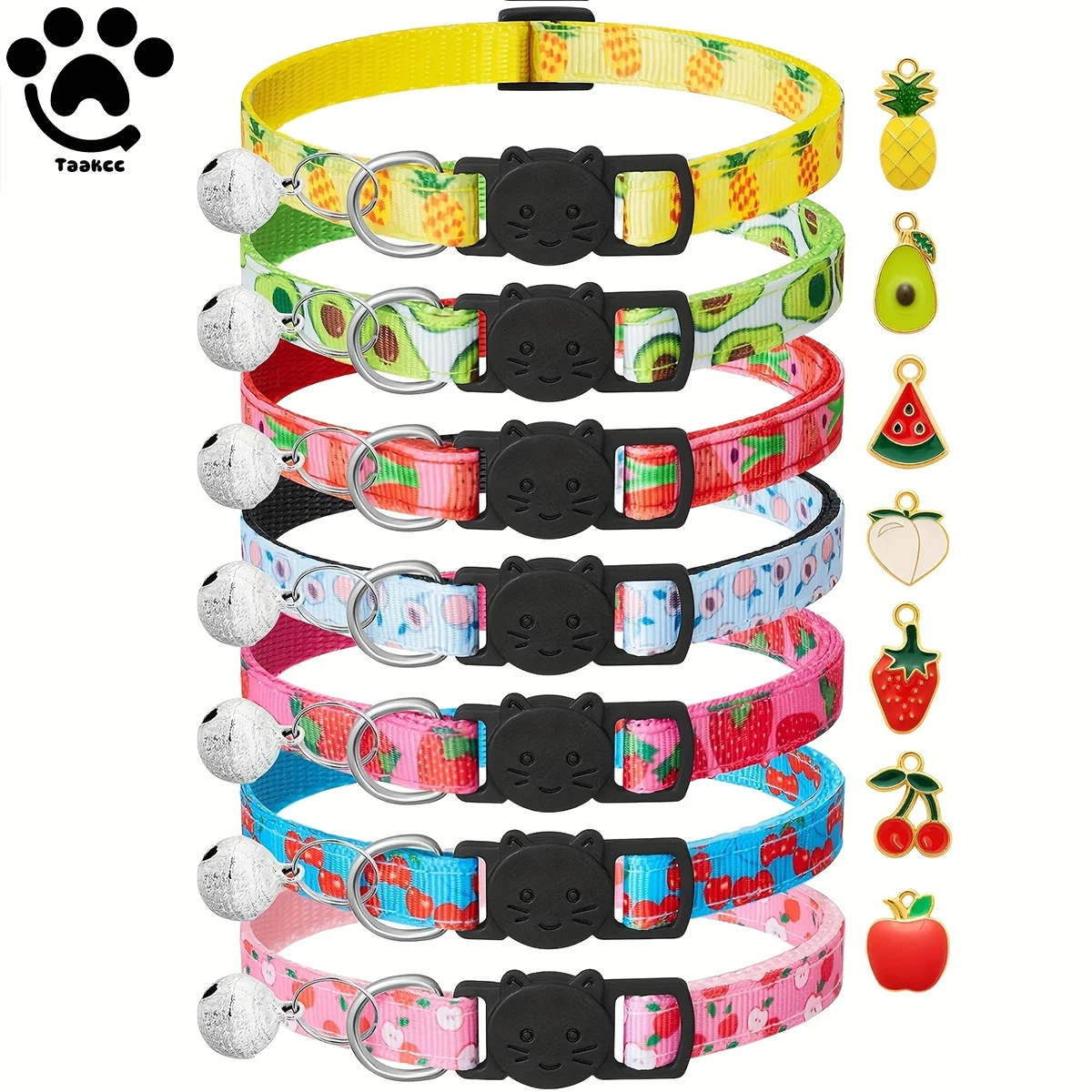 Katzenhalsbänder mit Fruchtmuster, 7er-Pack, mit Sicherheitsverschluss, reflektierend, für Kätzchen, mit Glocke und Anhänger