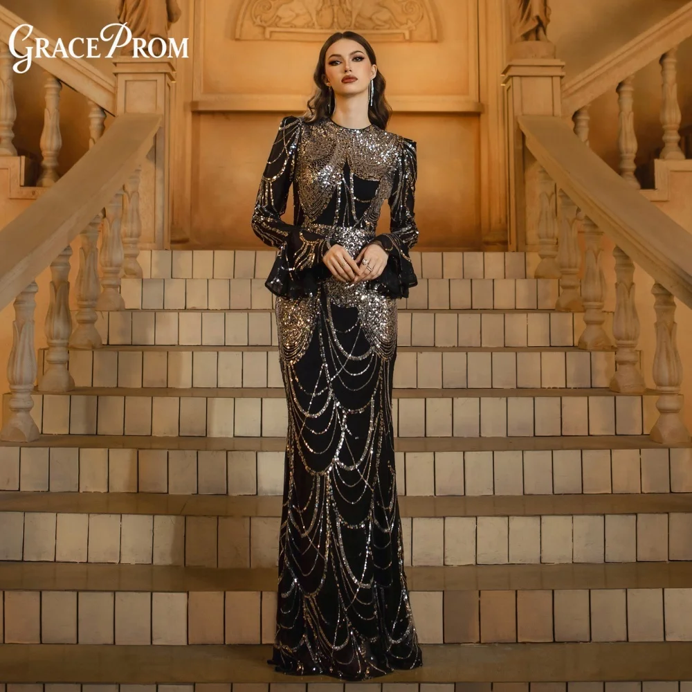 

Trendy Black Sequin Formal Gown High Neck Long Sleeve Prom Dress with Gold Chain Pattern Fashionable Luxury Party Dress 2026 New