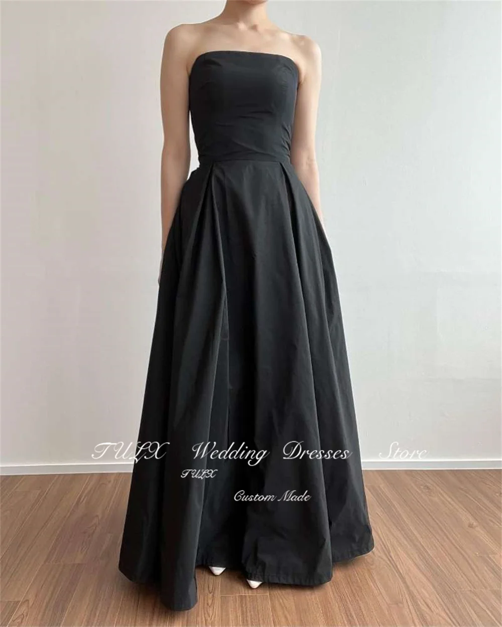 TULX Simple Strapless Taffeta Wedding Dresses Photo Shoot Long Black Detachable Shawl Bridal Gowns Corset Back Custom Made 웨딩드레스