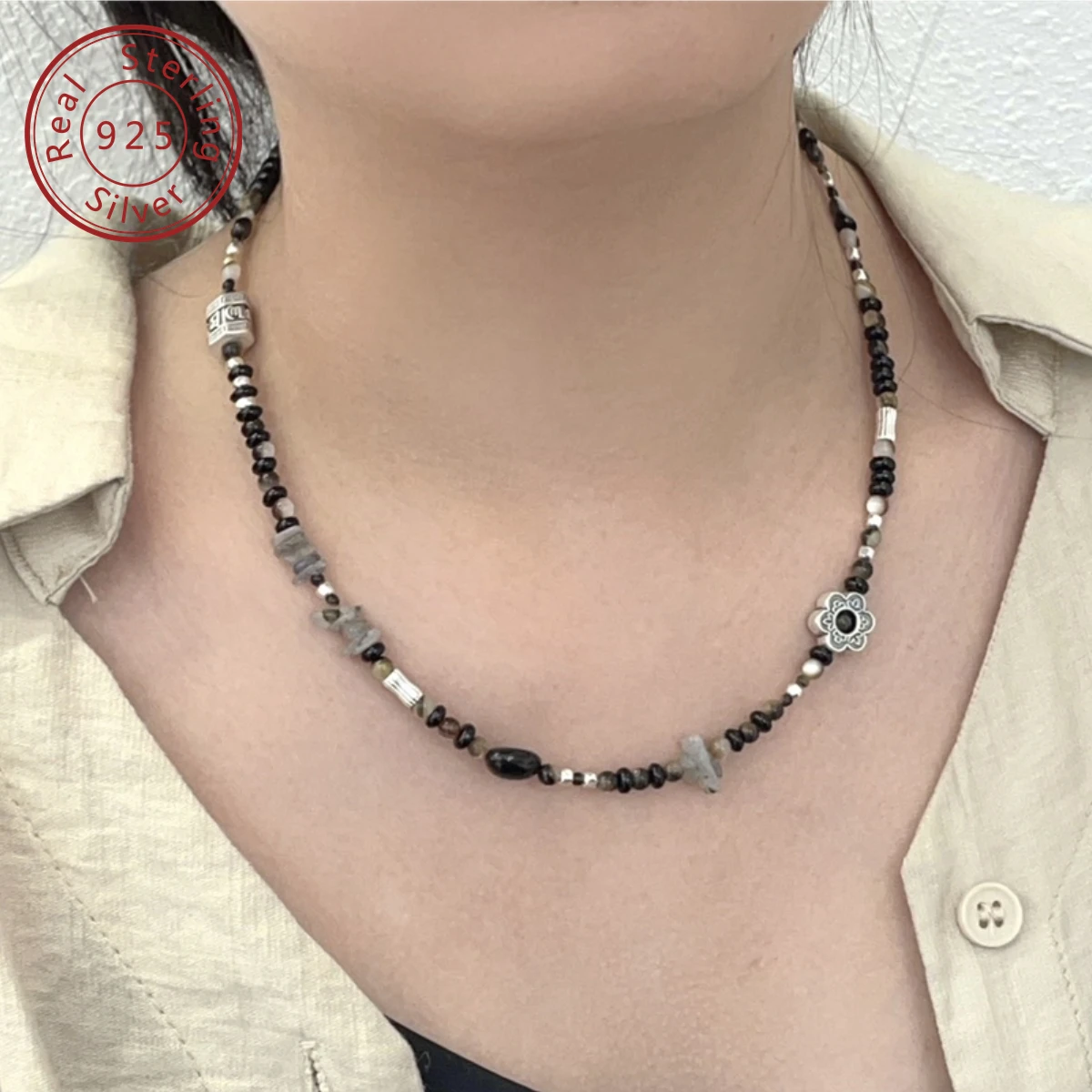 natural black fritillaria collocation pull long stone and black agate natural stone beaded six character proverbs necklace