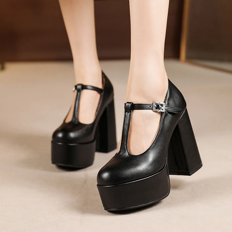 

BLXQPYT New Arrival 2022 Classic Pumps Black Leather Mary Janes Platform Heels Sexy Fashion Buckle Plus Size Women Shoes C22-35