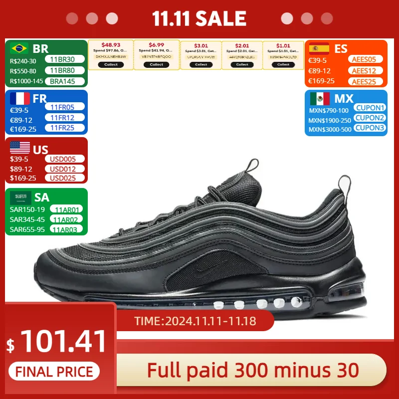 Nike's newest listing Air Max 97 Low Top Comfortable Breathable Casual Running Shoes Men's and Women's Black Sneakers