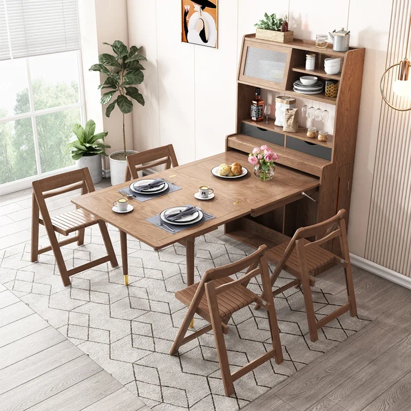 Modern Folding Extend Cabinet Foldable Dining Table Adjustable Ash Wooden Dining Room Furniture Set