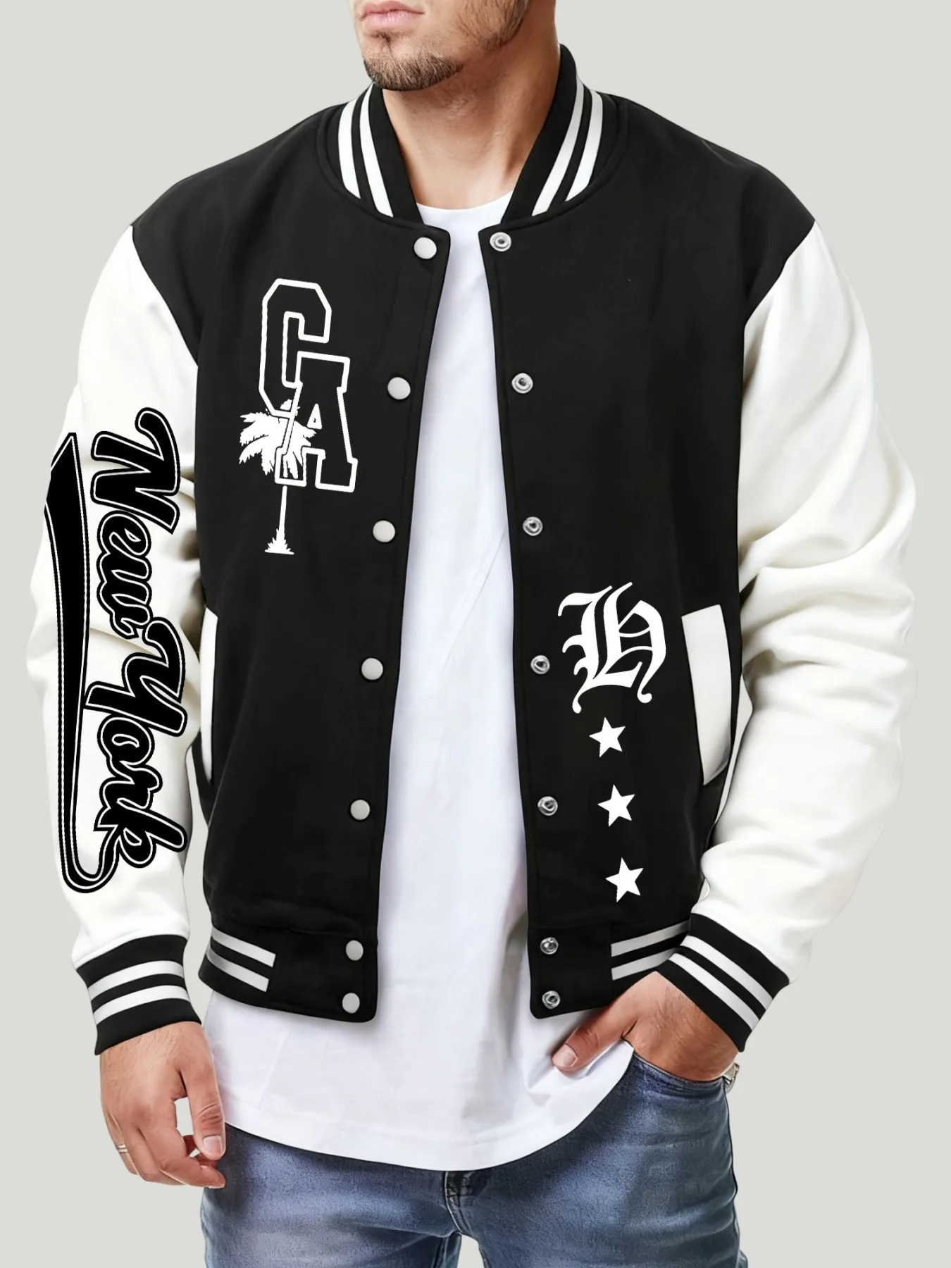 New York Letter Ca Star Pattern Baseball Jacket Men Casual Tops Oversize Streetwear Autumn Fleece Clothing American Hip Hop Coat