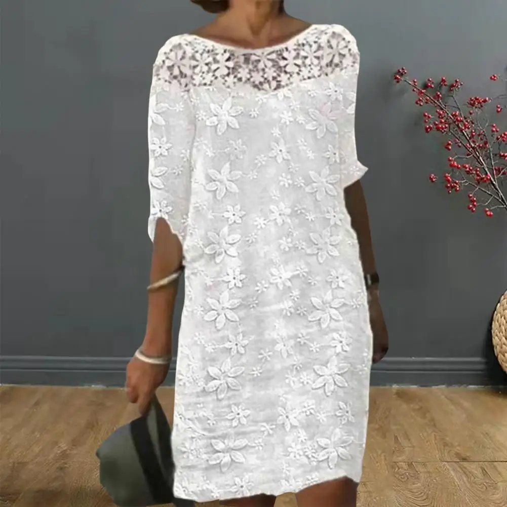 Women Sexy Dress White Hollow Lace Dress Short Sleeve Loose Midi Dresses 2023 Summer Casual Women\'s Casual Dress Vestidos Robe