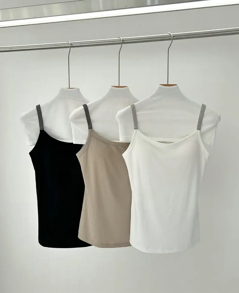 

Summer 2025 Women Beaded Sling Tops Solid Color O-Neck Sleeveless Fashion Casual Camisoles