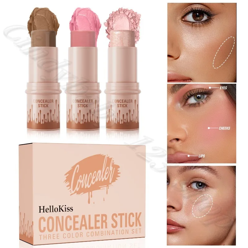 HelloKiss-palo de fijación facial multifunción, ilumina el contorno facial tridimensional, colorete, resaltador, 3 unids/caja