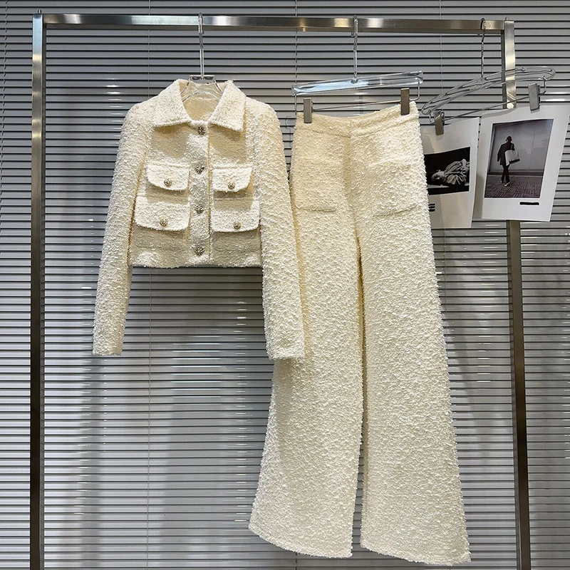 Spring and Autumn French Style Small Fragrant Coarse Woolen Pocket Short Jacket+straight Leg Pants Set for Women Two-piece Set