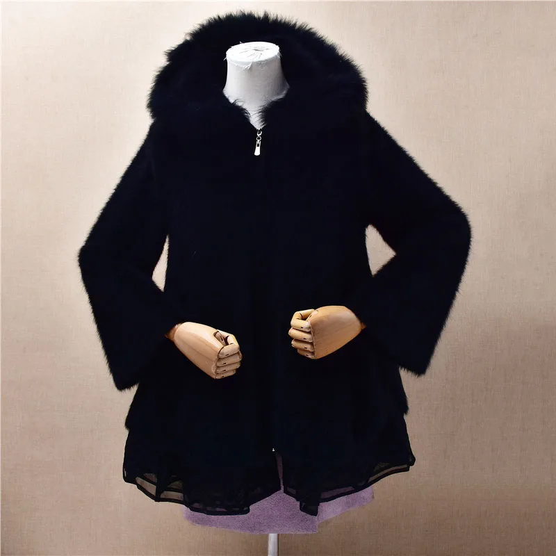 

Ladies Women Autumn Winter Black Thick Warm Hairy Mink Cashmere Knitetd Fox Fur Turn-Down Neck Zippers Cardigans Sweater Jacket