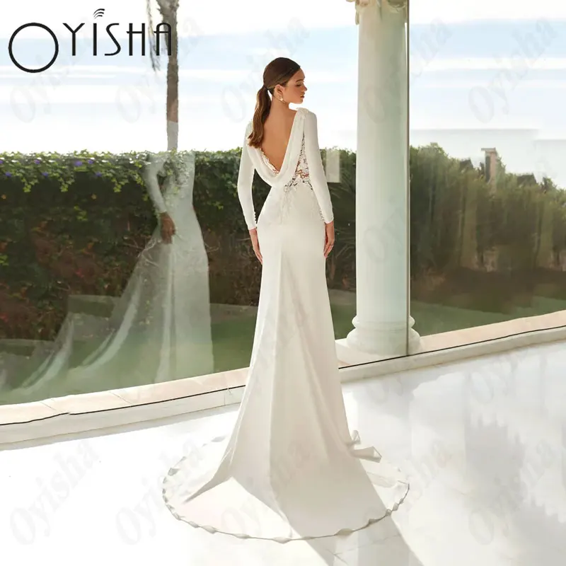 OYISHA O-pescoço mangas compridas vestidos de casamento Exquisite cetim sereia Backless vestidos de noiva para mulher apliques Vestido De MariagesOYISHA O-Neck mangas compridas vestidos de casamento requintado cetim se