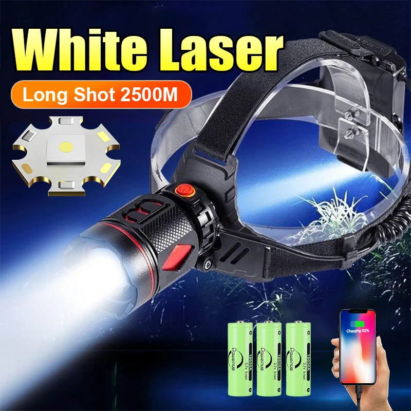 Super Powerful White Laser LED Headlamp USB Rechargeable Long Range Zoom Head Flashlight Camping Mobile Power Bank Headlight