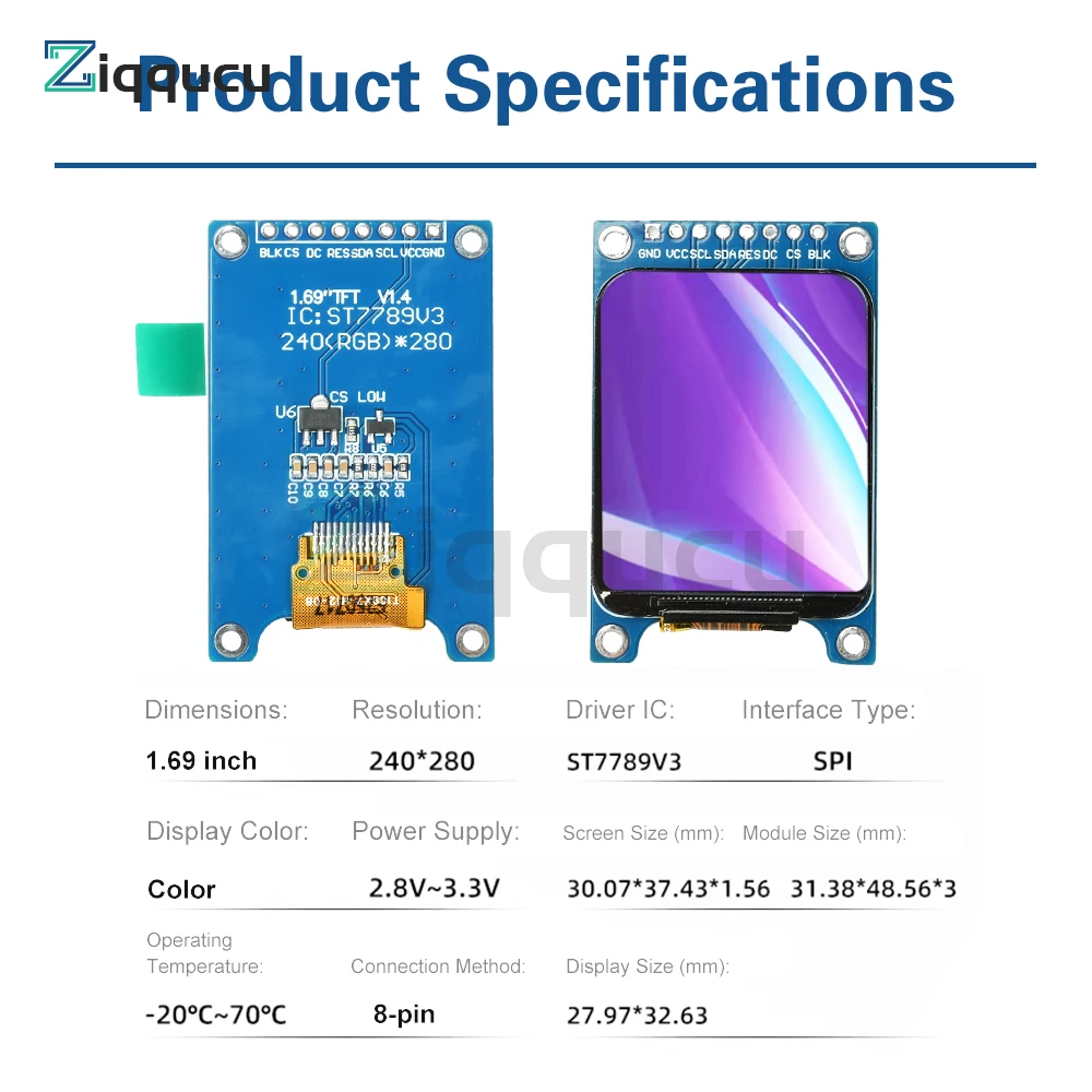 Módulo de tela LCD TFT de 1,69 polegadas ST7789V3 Interface SPI Design de canto arredondado Ultra fino com resolução 240x280 Display colorido