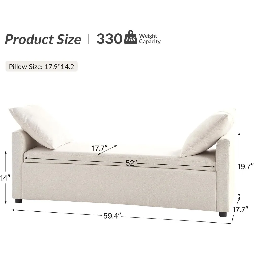 Banco de armazenamento moderno com almofadas, banco otomano extra longo de 59,4" para quarto para o fim da cama, estofado confortável