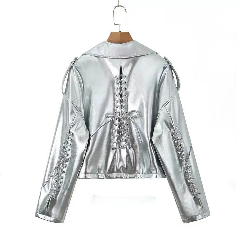 

Fashion Women's Silver Moto Biker Washed Faux Leather Jackets 2025 New Female Autumn Winter Retro Loose PU Zipper Streetwear Coa