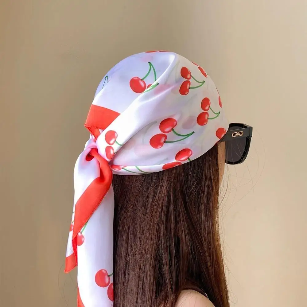 

2025 Luxury Square Satin Scarf For Women Cute Fruit Cherry Pattern Hair Scarf Shawl Fashion Headband Neckerchief Wraps Bandanas