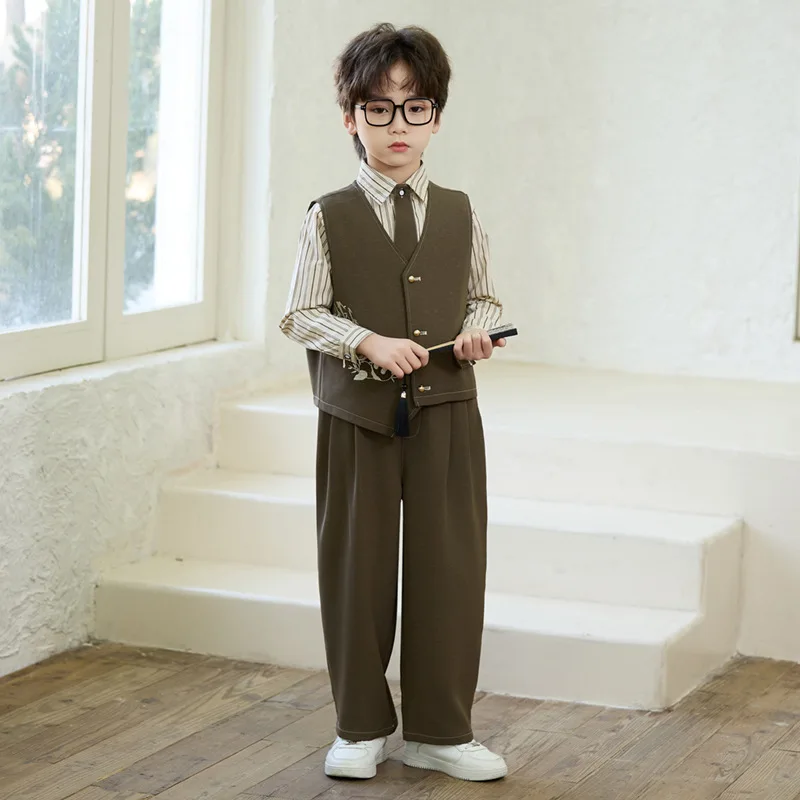 Boys' Spring New Panda Embroidered Vest Set New Chinese Style Traditional Host Flower Boy Performance Formal Wear