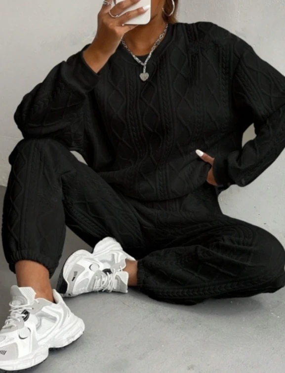 レディースファッション カジュアル ジャカード 長袖 カジュアル ラウンドネック スウェットシャツ ロングパンツ セット 2025 秋新作