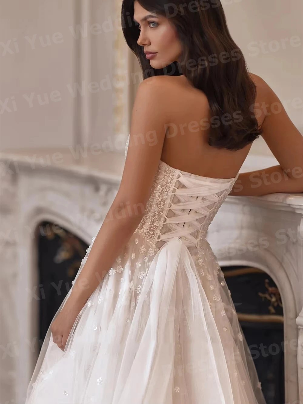 Gorgeous A Line Women's Sexy Strapless Lace Puff Sleeve Wedding Dresses Vestido De Novia Bride Gowns Customized Robe De Mariée