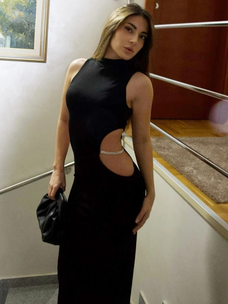 HXAO 라인스톤 블랙 드레스 여성 드레스 우아한 파티 드레스 섹시한 오-넥 컷 아웃 민소매 드레스 숙녀 패션 베스 티드