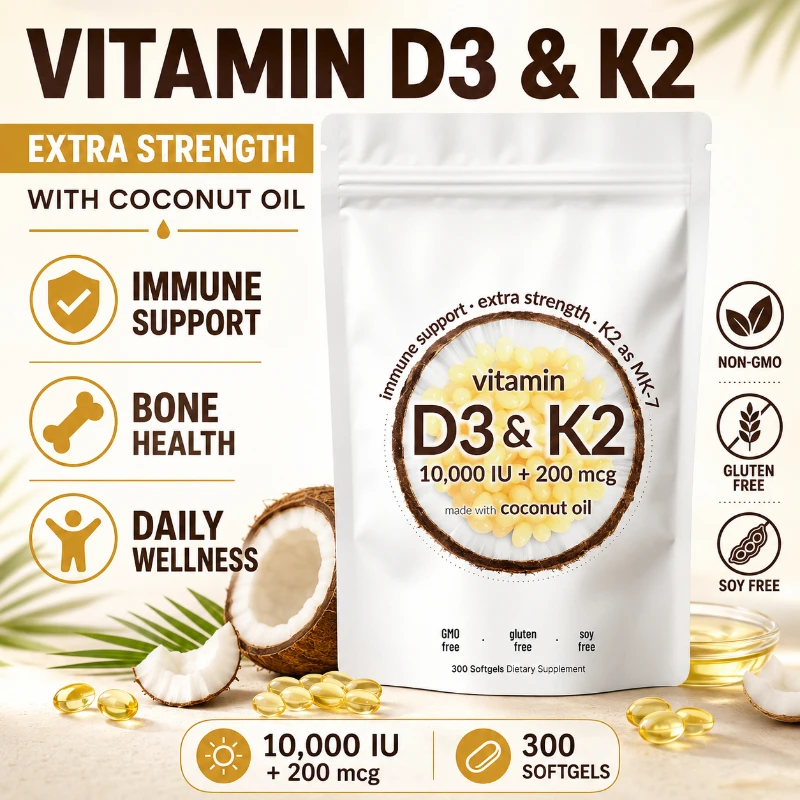 Cápsulas Blandas de Vitamina D3 K2, D3 10000 UI + K2 MK-7 200 Mcg con Aceite de Coco, Suplemento Diario 2 en 1 de Vitamina D y K, 300 Unidades