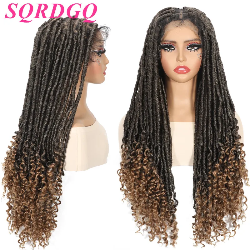 

Full Lace Synthetic Box Braided Wig With Curly Ends Full Lace Dreadlock Wig with Baby Hair Brown Black Wigs on Clearance Sale