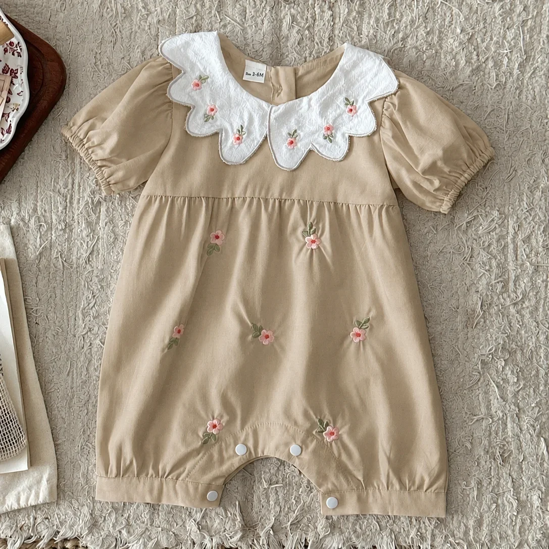 Newborn Baby Girls Boys Jumpsuit Embroidered Flowers Puff Sleeve Jumpsuit Baby Clothing Baby Summer Cotton Suit 3-24M