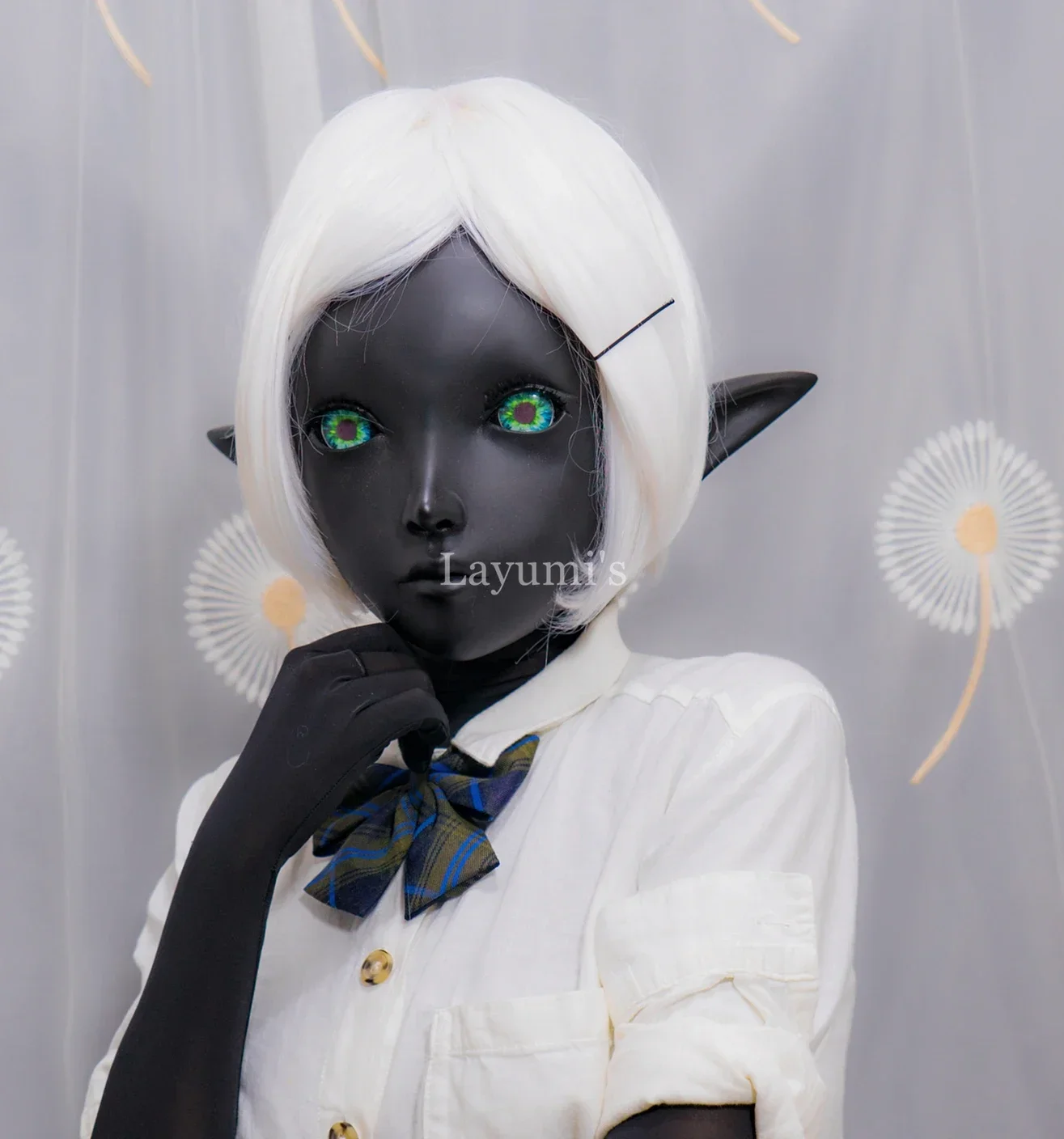 (JW-Mask 25) Handmade Black Shell Female/Girl Resin Half Head Cosplay Japanese Anime Role Play Lolita Kigurumi Mask With Elf Ear