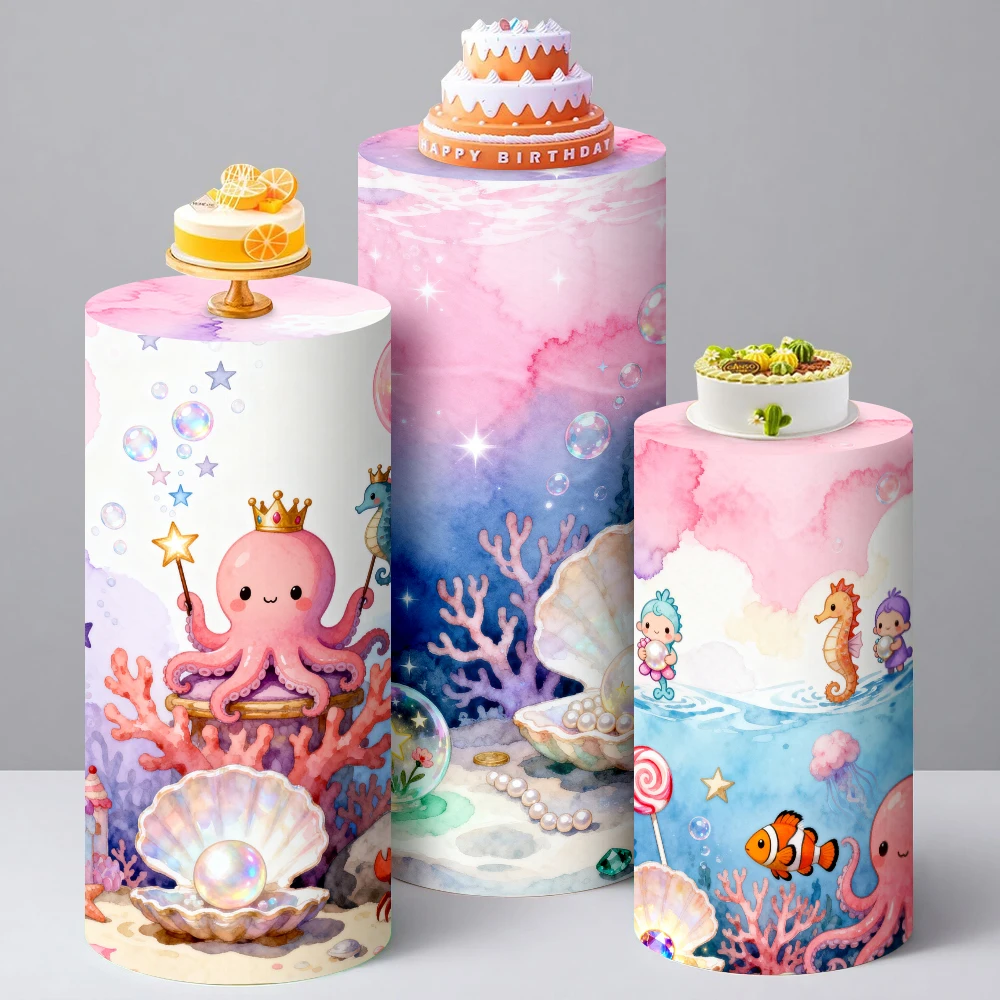 

Kids Birthday Cylinder Covers Backdrop Cartoon UnderwaterWorld Party Decor BabyShower Cake Stand Plinths Pedestal Backdrop Cover
