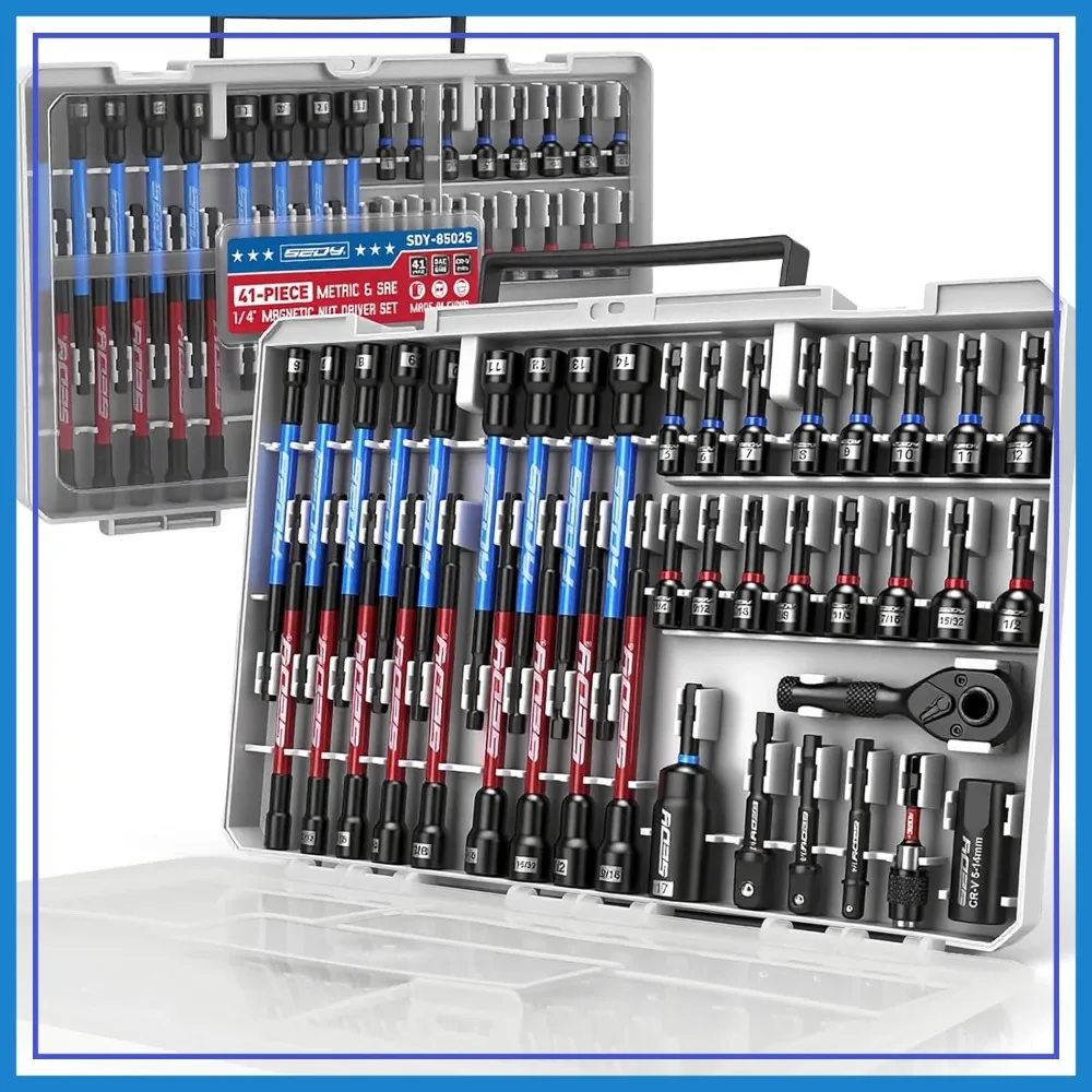 

41-Piece 1/4" Drive Magnetic Nut Driver Set, Metric & SAE, Deep & Standard, with Adapters and Ratchet Wrench