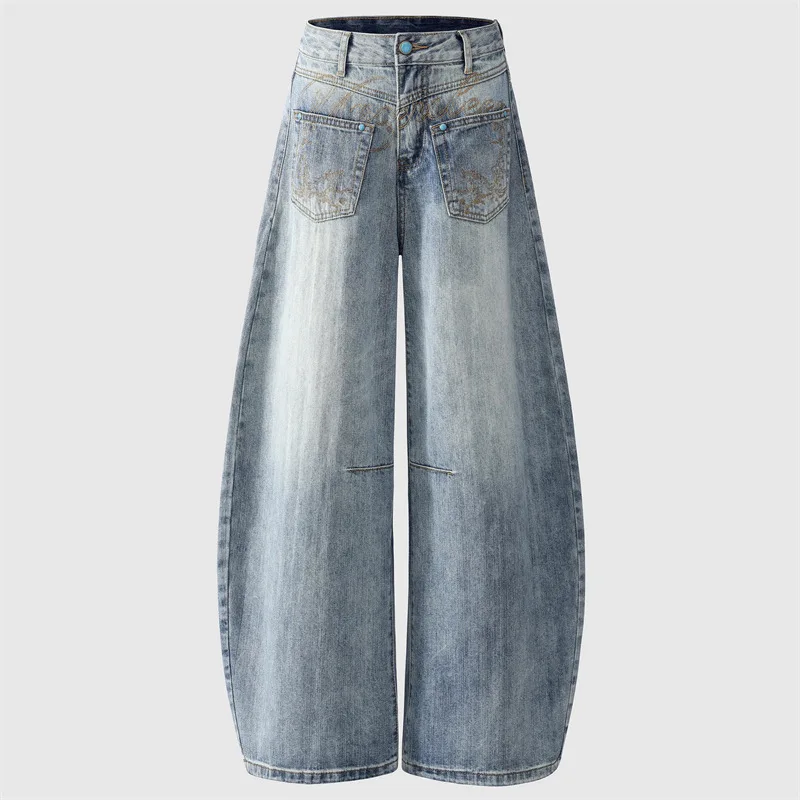 جينز هاي ستريت الأمريكي 2025 |   غسيل مفكك مع تطريز أوفست، سروال فضفاض مناسب بطول الأرض للجنسين لخريف وشتاء