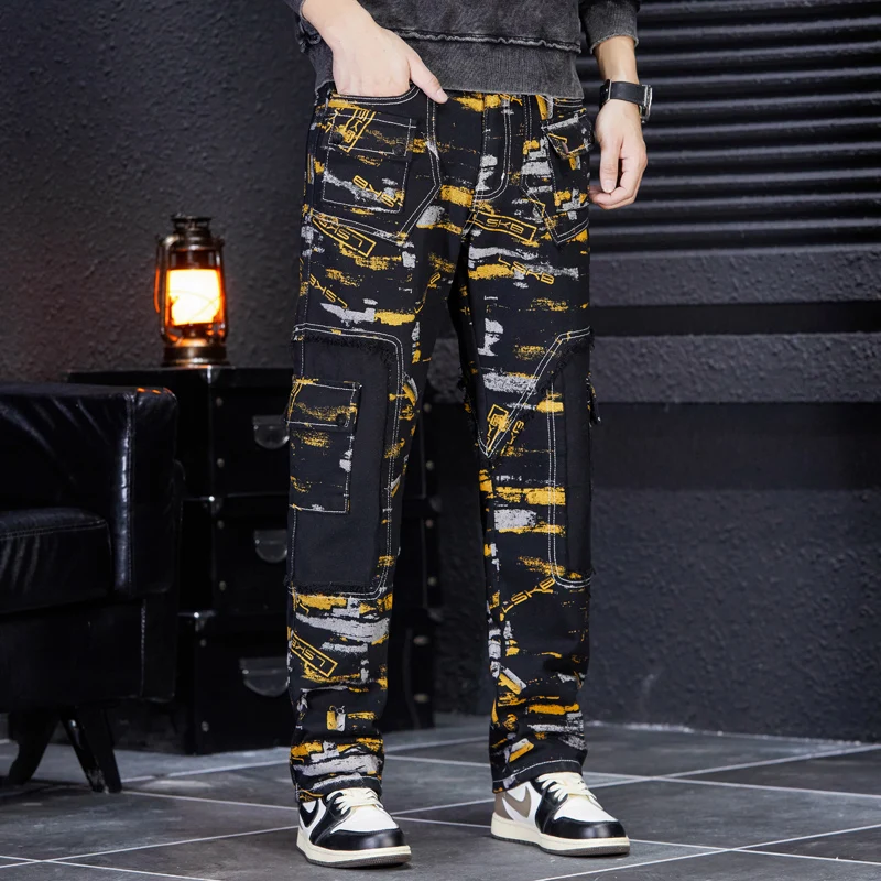 

2024 New Denim Trousers Men's Street Fashion Cowboy Black Printing Stitching Contrast Color Multi-Pocket Decorative Trousers