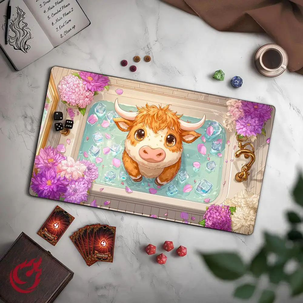 

Cartoon cute Highland cow MTG Playmat Magic Card Mat with Stitched Edge Non-Slip Durable Tabletop playmat Board Game Mat for TCG