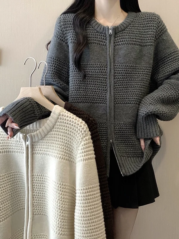 

plus Size Lazy Sle Thiened Knitwear Coat Women's Autumn Winter New Loose Versatile Open Cardigan Trendy High Waist Zipper
